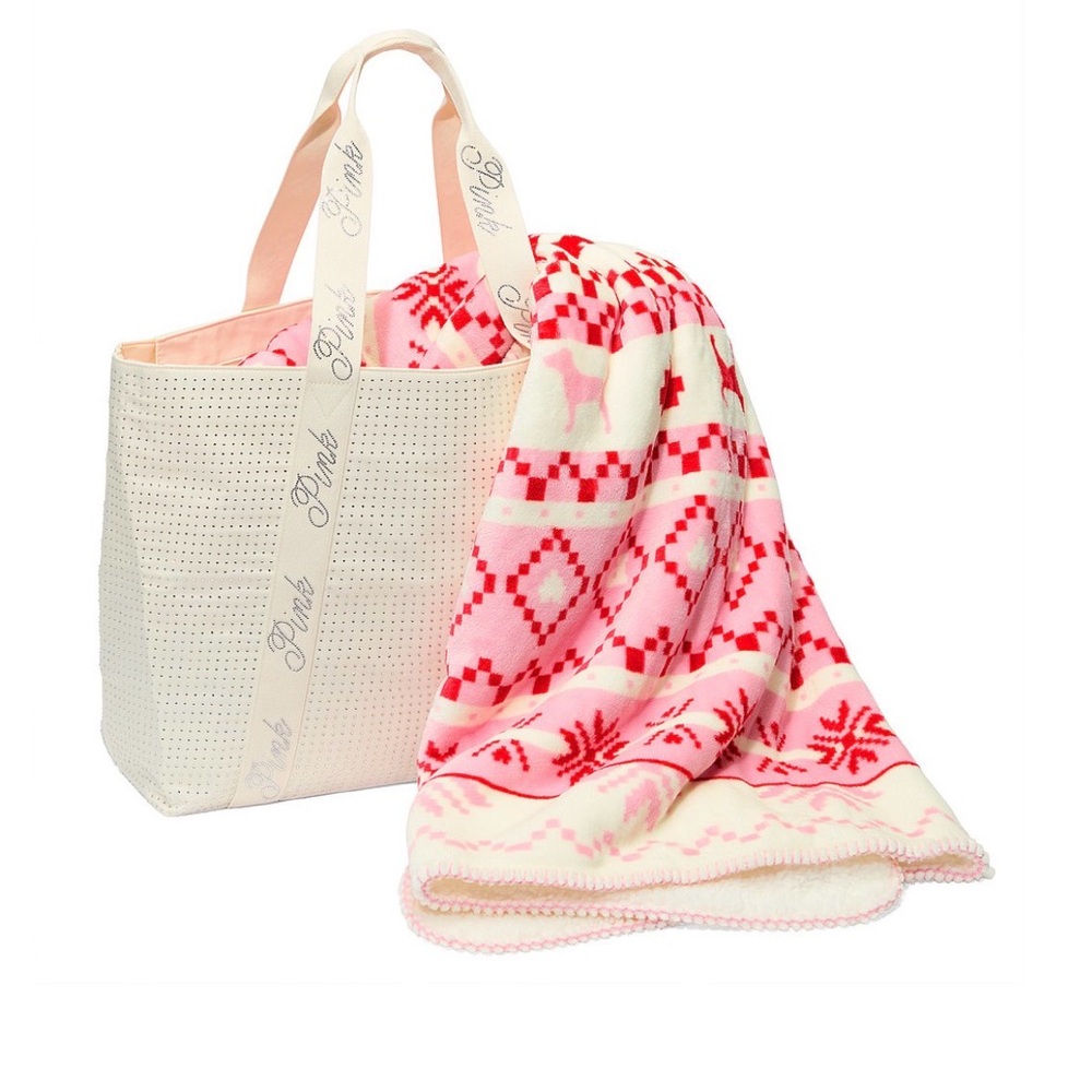 NWT Pink Cozy Plush Blanket and Bling Tote Bag Set